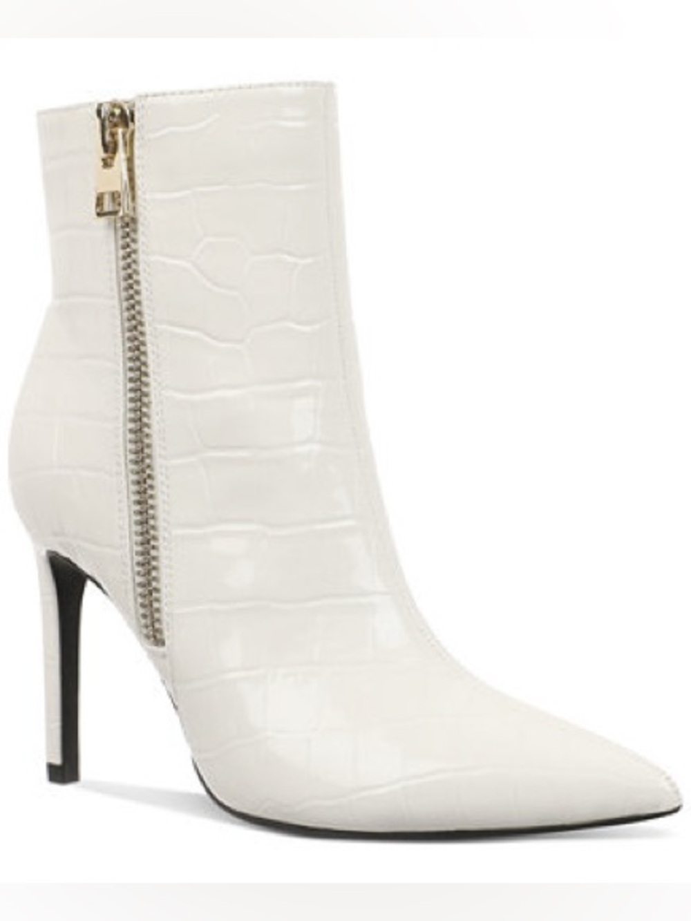 NIB INC Sarishaap White Croc Embossed Patent Pointed Toe Booties - Size 10.5